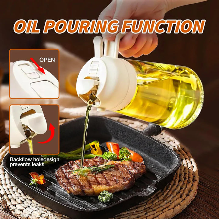 "Moderner 2-in-1 Olivenölsprüher mit Glasbehälter in der Küche, ideal für präzises Sprühen und Gießen."