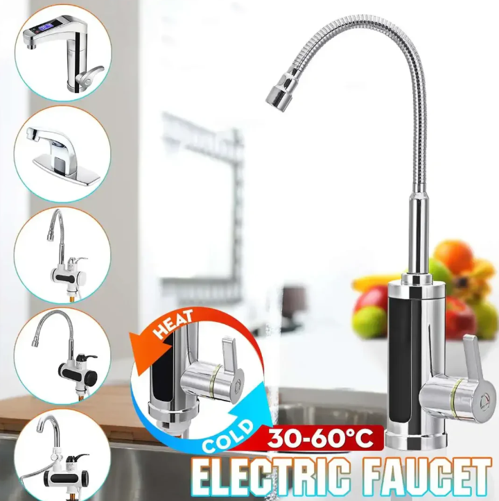 "Moderner 3000W elektrischer Warmwasserhahn mit flexiblem Schwenkarm, schnell und effizient für die Küchenanwendung."