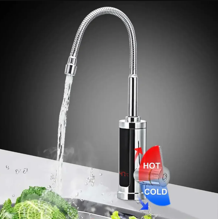 "Moderner 3000W elektrischer Warmwasserhahn mit flexiblem Schwenkarm, schnell und effizient für die Küchenanwendung."