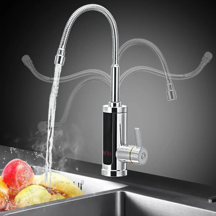 "Moderner 3000W elektrischer Warmwasserhahn mit flexiblem Schwenkarm, schnell und effizient für die Küchenanwendung."