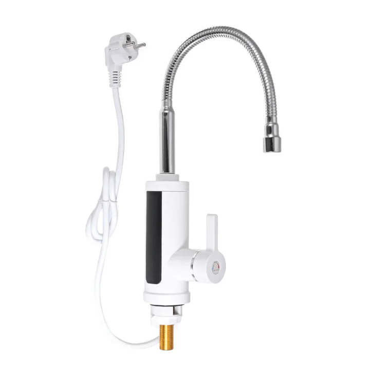 "Moderner 3000W elektrischer Warmwasserhahn mit flexiblem Schwenkarm, schnell und effizient für die Küchenanwendung."