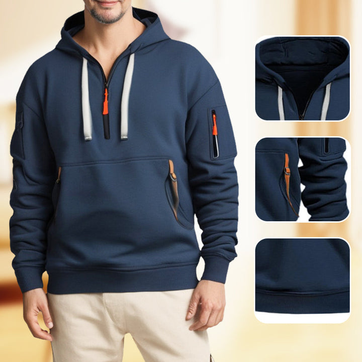 "Moderner Adriano Hoodie mit halbem Reißverschluss, minimalistisch, grau, weich, atmungsaktiv, stilvoll und flexibel."