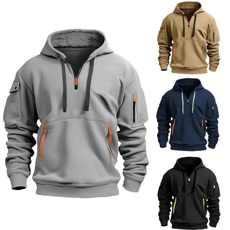 "Moderner Adriano Hoodie mit halbem Reißverschluss, minimalistisch, grau, weich, atmungsaktiv, stilvoll und flexibel."