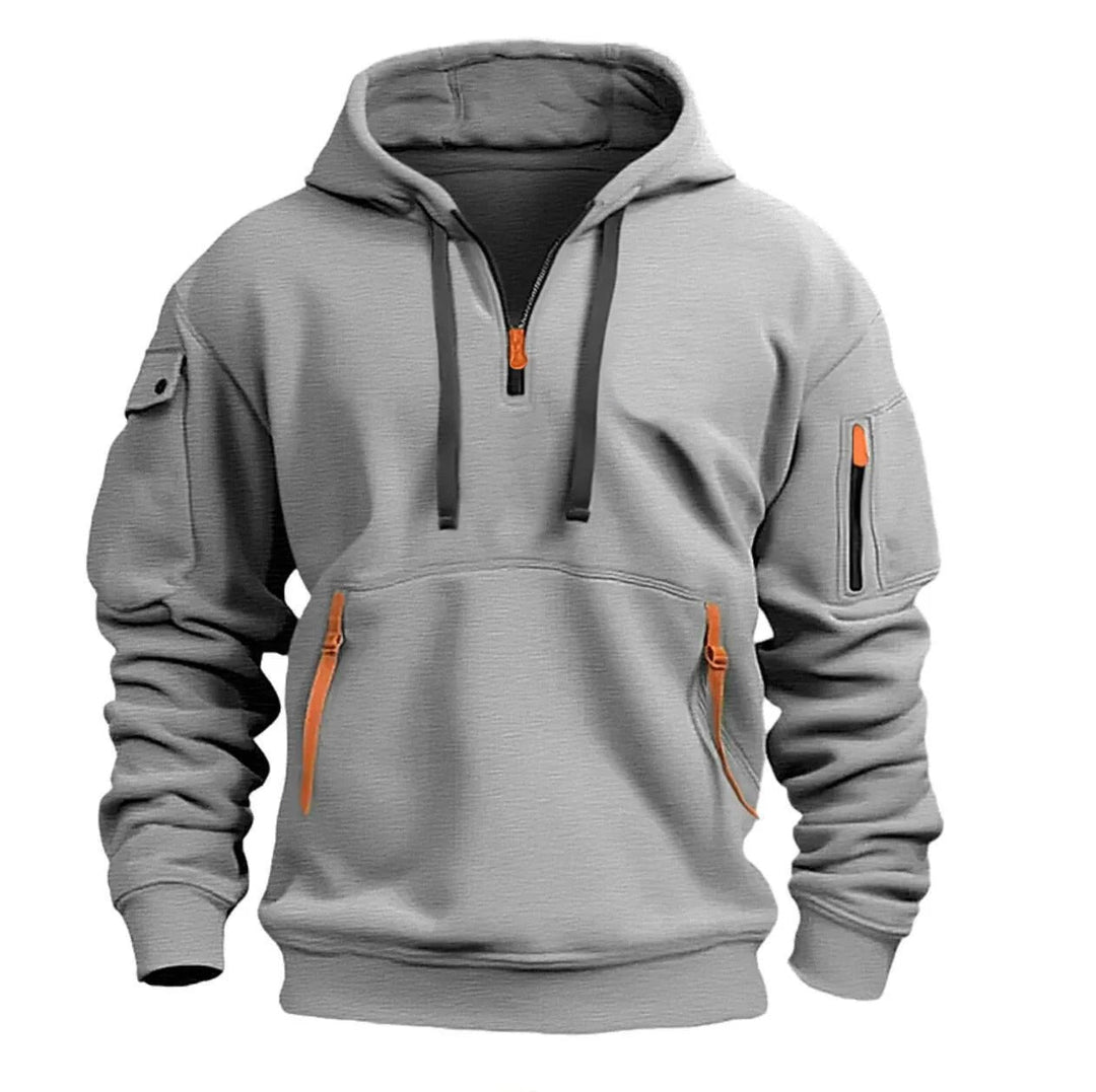 "Moderner Adriano Hoodie mit halbem Reißverschluss, minimalistisch, grau, weich, atmungsaktiv, stilvoll und flexibel."