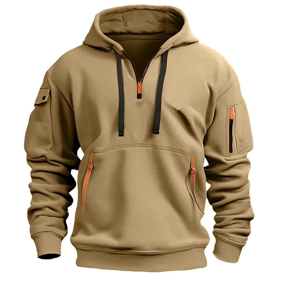 "Moderner Adriano Hoodie mit halbem Reißverschluss, minimalistisch, grau, weich, atmungsaktiv, stilvoll und flexibel."