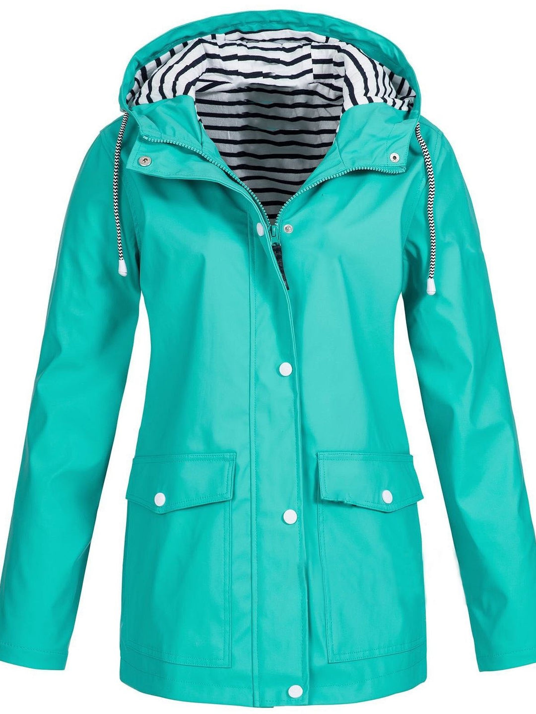 Moderner Damenmantel, wasser- und winddicht, mit Kapuze, mittlere Länge, perfekt für jede Wetterlage und stilvolles Outfit.