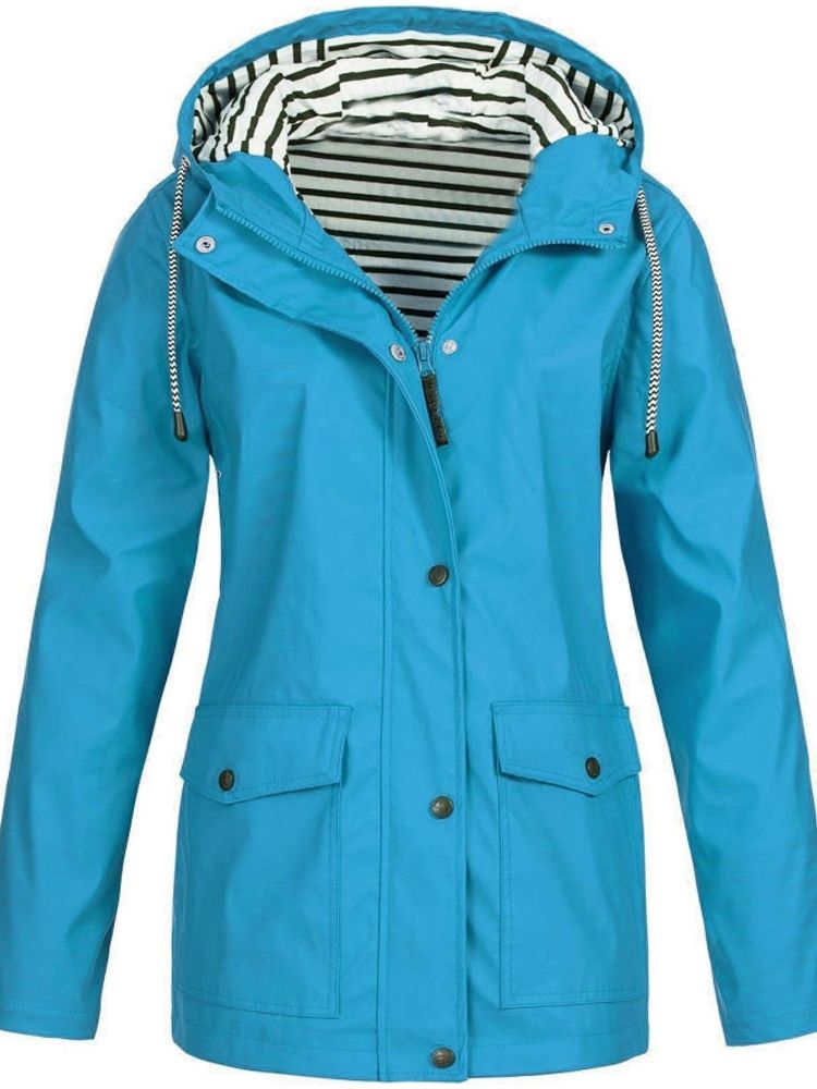 Moderner Damenmantel, wasser- und winddicht, mit Kapuze, mittlere Länge, perfekt für jede Wetterlage und stilvolles Outfit.