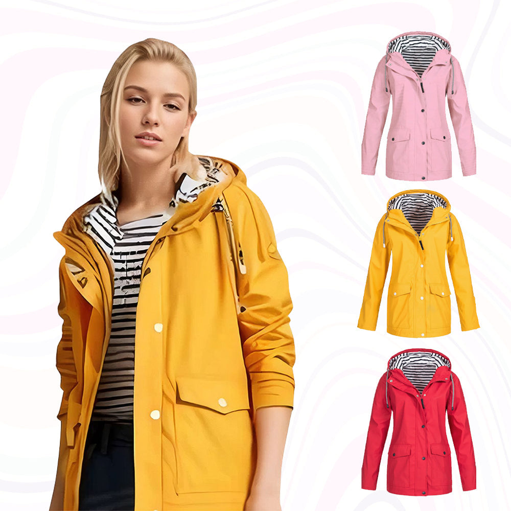 Moderner Damenmantel, wasser- und winddicht, mit Kapuze, mittlere Länge, perfekt für jede Wetterlage und stilvolles Outfit.