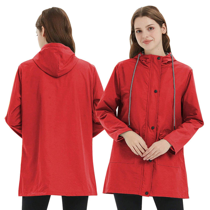 Moderner Damenmantel, wasser- und winddicht, mit Kapuze, mittlere Länge, perfekt für jede Wetterlage und stilvolles Outfit.
