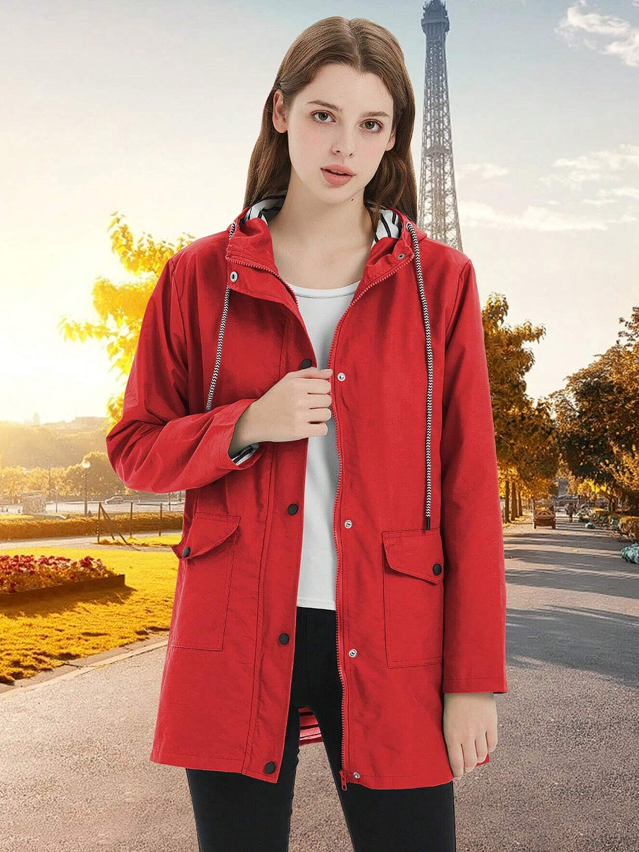 Moderner Damenmantel, wasser- und winddicht, mit Kapuze, mittlere Länge, perfekt für jede Wetterlage und stilvolles Outfit.
