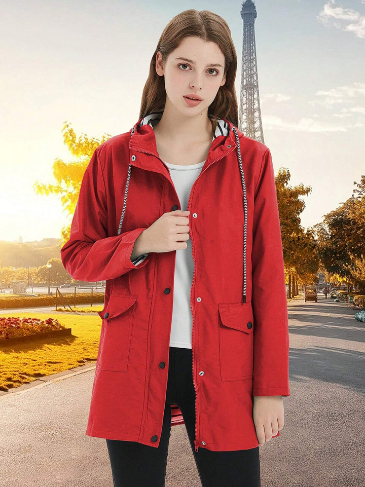 Moderner Damenmantel, wasser- und winddicht, mit Kapuze, mittlere Länge, perfekt für jede Wetterlage und stilvolles Outfit.