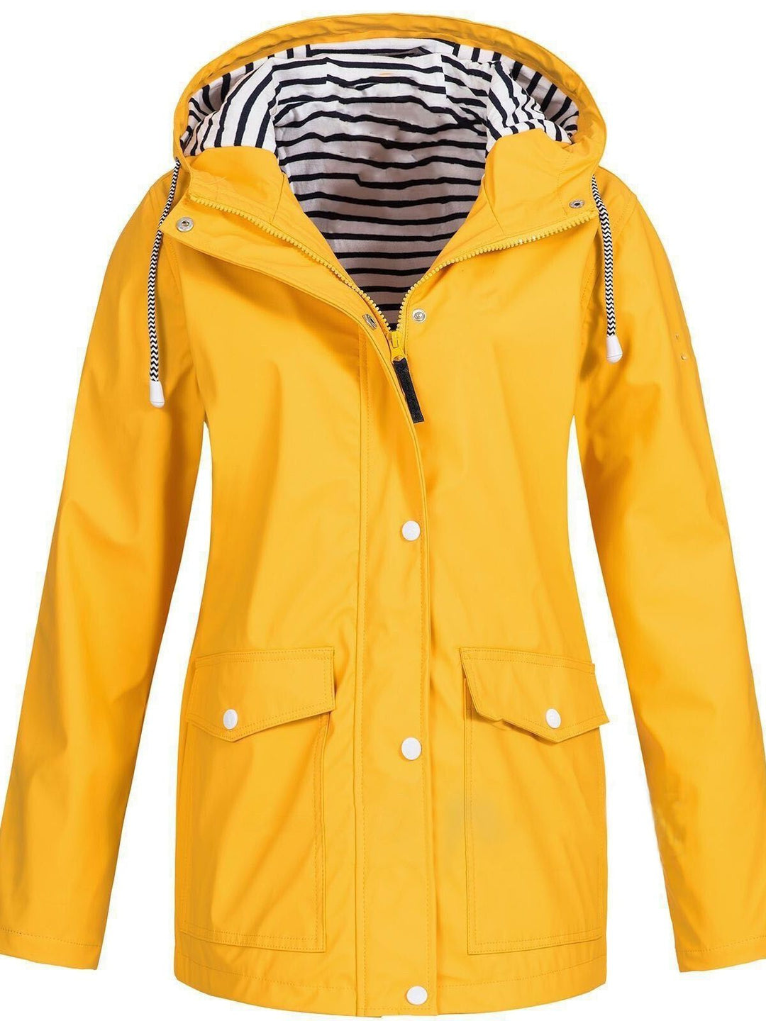 Moderner Damenmantel, wasser- und winddicht, mit Kapuze, mittlere Länge, perfekt für jede Wetterlage und stilvolles Outfit.