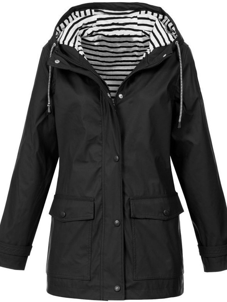 Moderner Damenmantel, wasser- und winddicht, mit Kapuze, mittlere Länge, perfekt für jede Wetterlage und stilvolles Outfit.