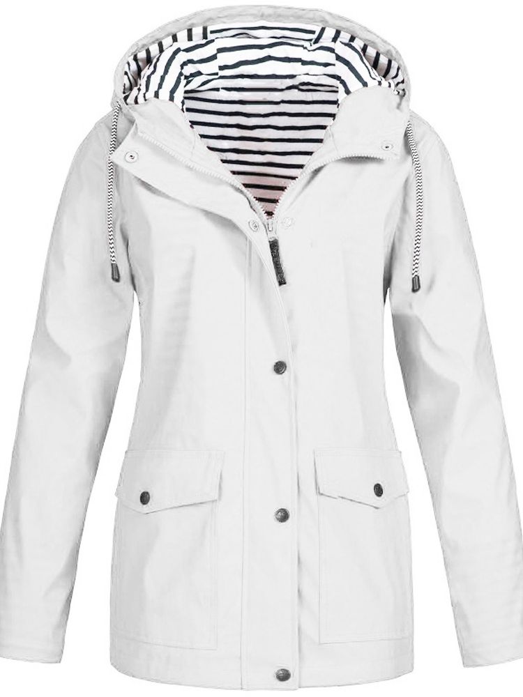 Moderner Damenmantel, wasser- und winddicht, mit Kapuze, mittlere Länge, perfekt für jede Wetterlage und stilvolles Outfit.