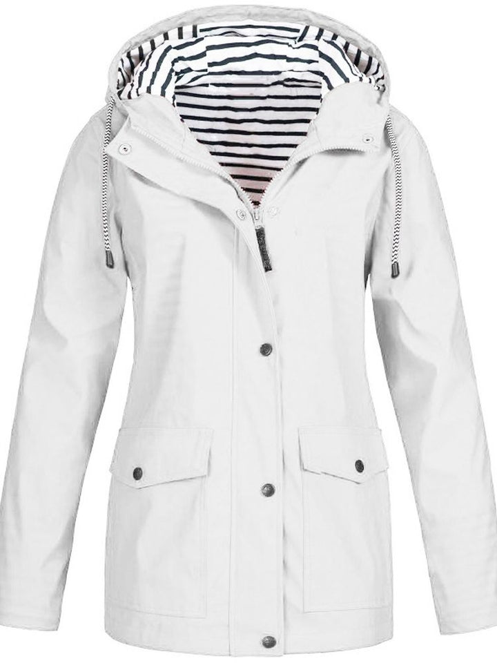 Moderner Damenmantel, wasser- und winddicht, mit Kapuze, mittlere Länge, perfekt für jede Wetterlage und stilvolles Outfit.