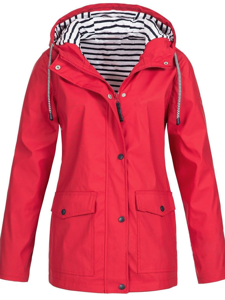 Moderner Damenmantel, wasser- und winddicht, mit Kapuze, mittlere Länge, perfekt für jede Wetterlage und stilvolles Outfit.