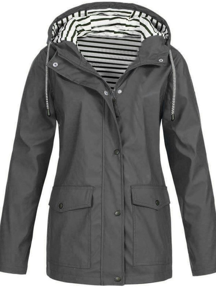 Moderner Damenmantel, wasser- und winddicht, mit Kapuze, mittlere Länge, perfekt für jede Wetterlage und stilvolles Outfit.
