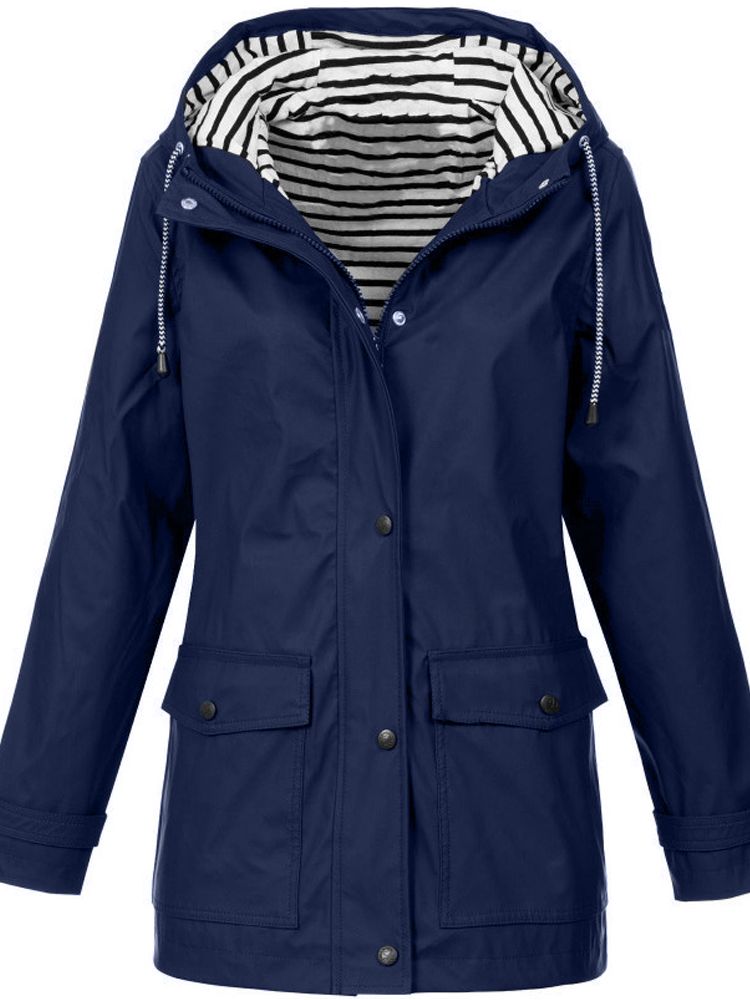 Moderner Damenmantel, wasser- und winddicht, mit Kapuze, mittlere Länge, perfekt für jede Wetterlage und stilvolles Outfit.