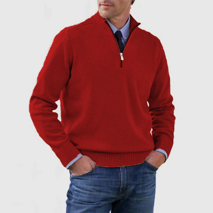 "Moderner Herrenpullover mit halbem Reißverschluss, weiches Material, ideal für kühle Tage und vielseitig kombinierbar."