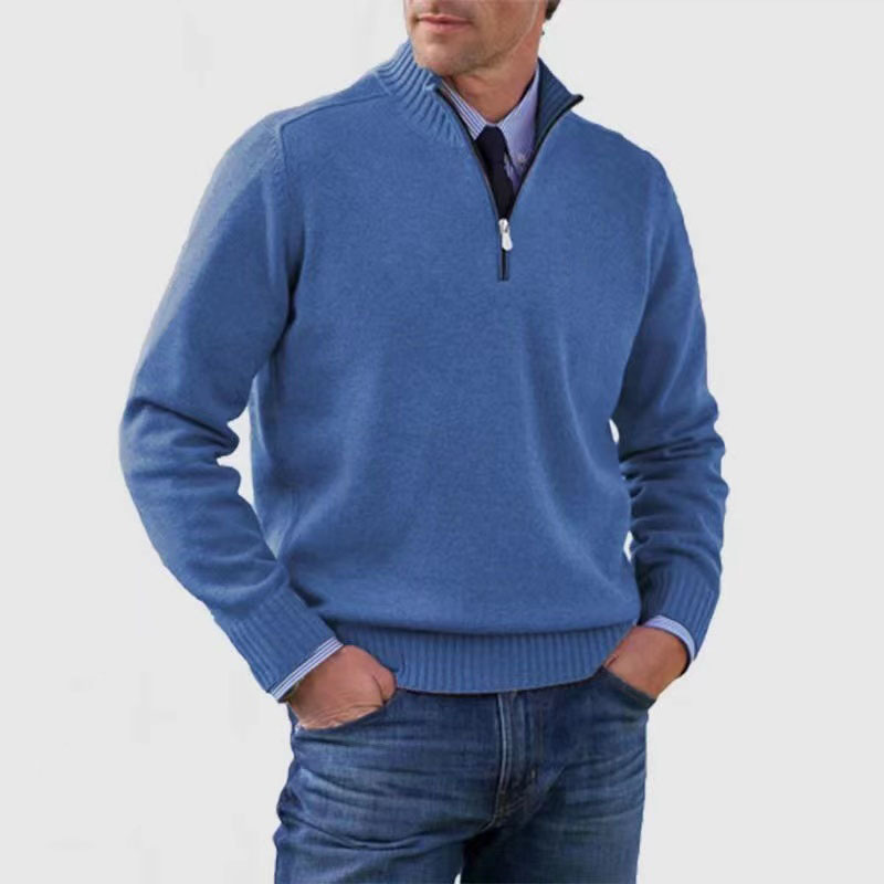 "Moderner Herrenpullover mit halbem Reißverschluss, weiches Material, ideal für kühle Tage und vielseitig kombinierbar."