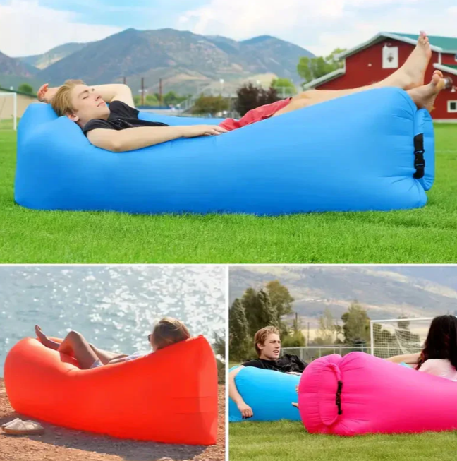 "Moderner, luftgefüllter Liegesessel, leicht zu transportieren, ideal für Strand und Outdoor-Abenteuer."