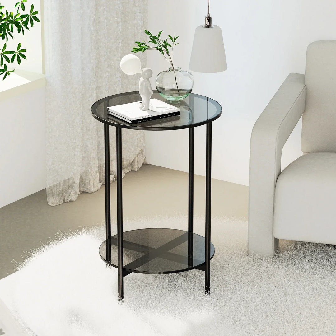 "Moderner runder Kaffeetisch aus gehärtetem Glas mit schwarzem Metallrahmen, 2 Ebenen, ideal fürs Wohnzimmer."