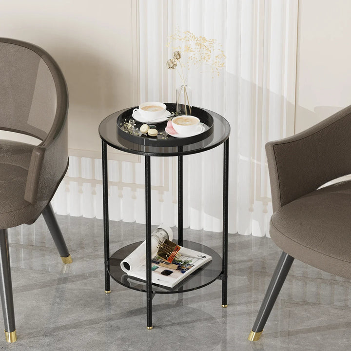 "Moderner runder Kaffeetisch aus gehärtetem Glas mit schwarzem Metallrahmen, 2 Ebenen, ideal fürs Wohnzimmer."