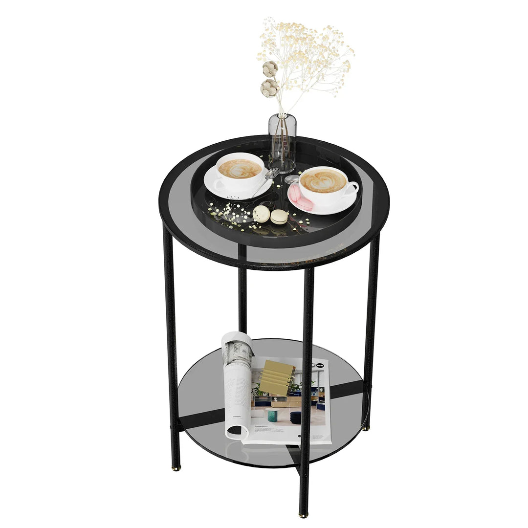 "Moderner runder Kaffeetisch aus gehärtetem Glas mit schwarzem Metallrahmen, 2 Ebenen, ideal fürs Wohnzimmer."