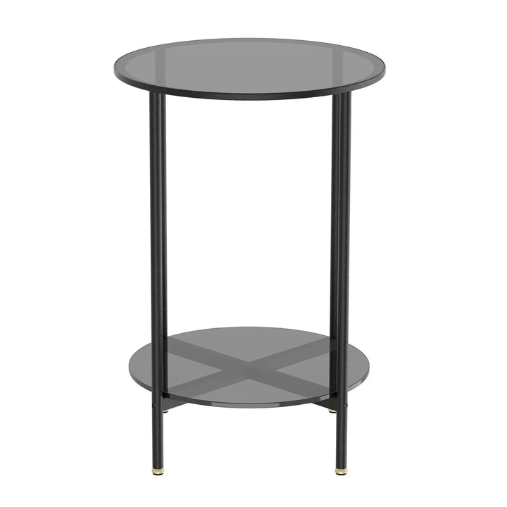 "Moderner runder Kaffeetisch aus gehärtetem Glas mit schwarzem Metallrahmen, 2 Ebenen, ideal fürs Wohnzimmer."