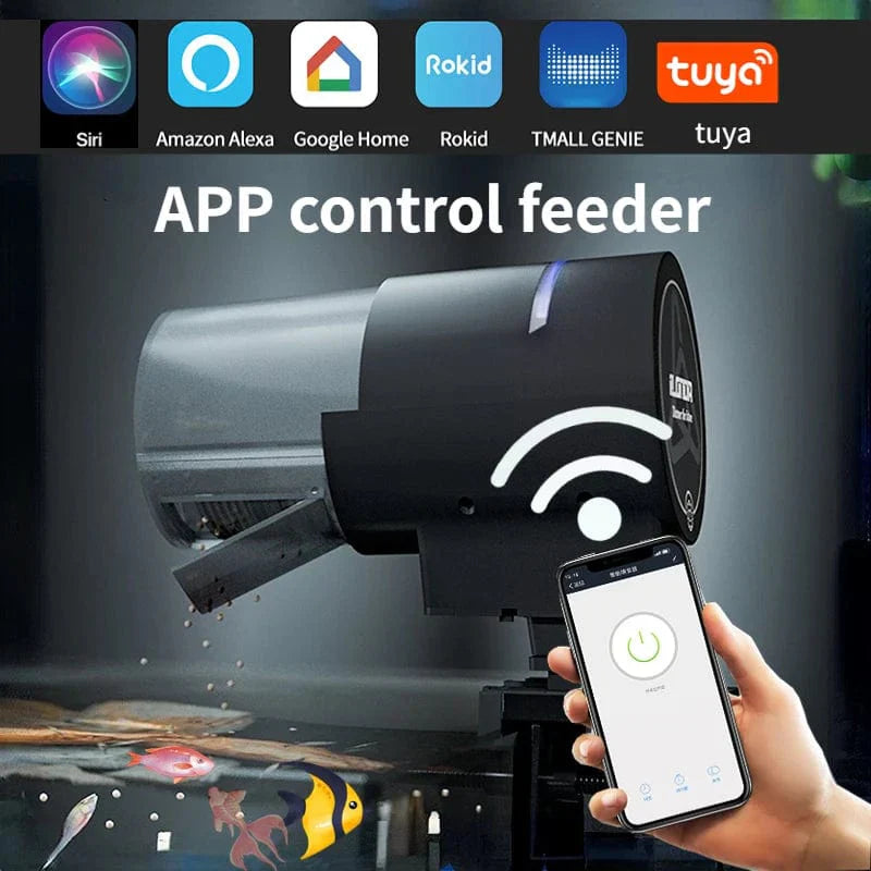 "Moderner WLAN-Fischfutterspender aus robustem Kunststoff, steuerbar per App, mit variablem Füllvolumen für Aquarien."