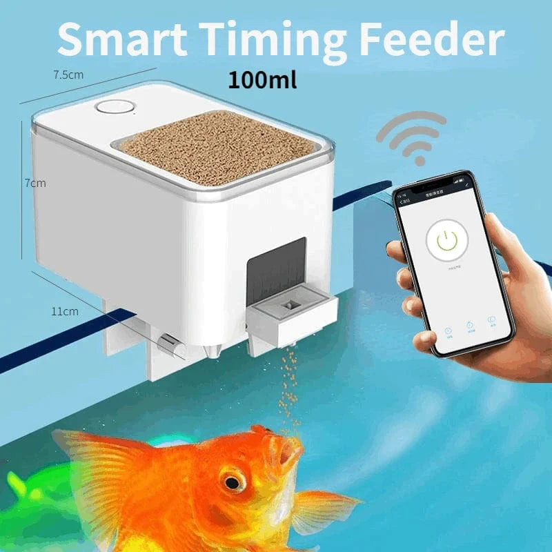 "Moderner WLAN-Fischfutterspender aus robustem Kunststoff, steuerbar per App, mit variablem Füllvolumen für Aquarien."