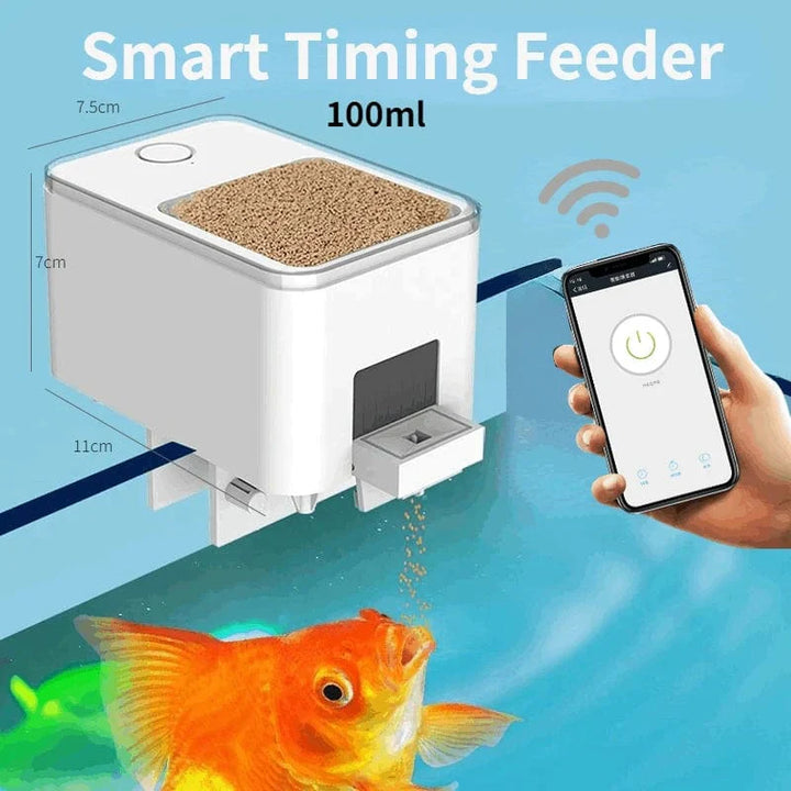"Moderner WLAN-Fischfutterspender aus robustem Kunststoff, steuerbar per App, mit variablem Füllvolumen für Aquarien."