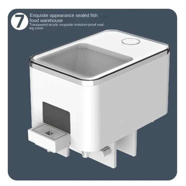 "Moderner WLAN-Fischfutterspender aus robustem Kunststoff, steuerbar per App, mit variablem Füllvolumen für Aquarien."