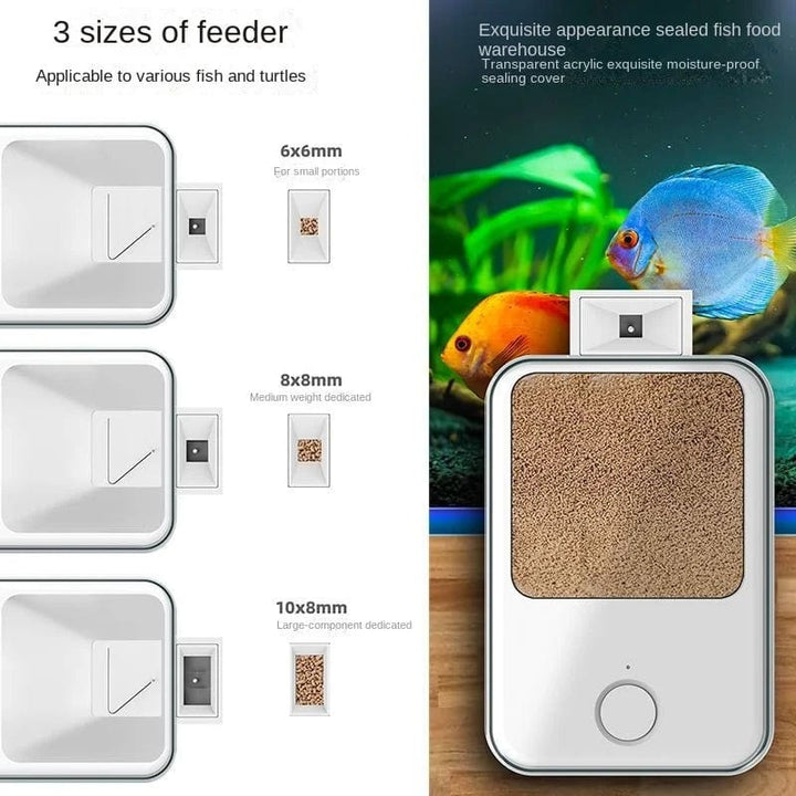 "Moderner WLAN-Fischfutterspender aus robustem Kunststoff, steuerbar per App, mit variablem Füllvolumen für Aquarien."