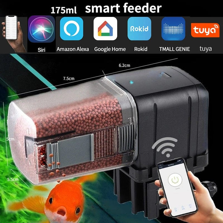 "Moderner WLAN-Fischfutterspender aus robustem Kunststoff, steuerbar per App, mit variablem Füllvolumen für Aquarien."