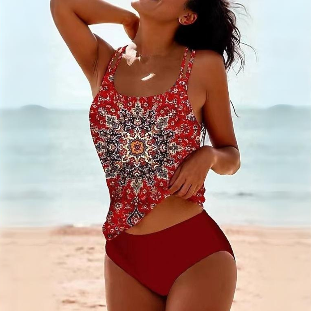 Modisches Lina Badeanzug-Set mit UV-Schutz, lebendige Farben und exotische Muster, ideal für stilvolle Strandtage.