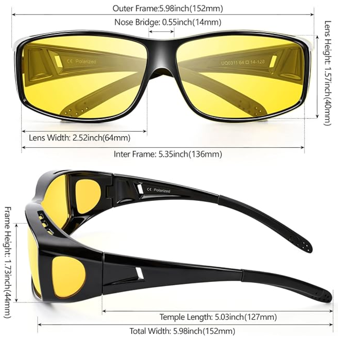 "Nachtfahrbrille polarisiert, gelb getönte Gläser, unisex Design, reduziert Blendung, verbessert Nachtsicht."