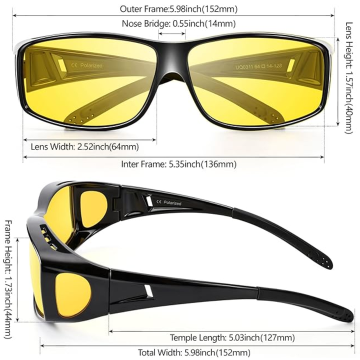 "Nachtfahrbrille polarisiert, gelb getönte Gläser, unisex Design, reduziert Blendung, verbessert Nachtsicht."