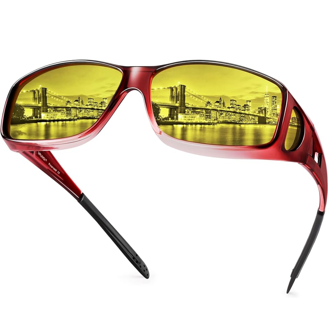 "Nachtfahrbrille polarisiert, gelb getönte Gläser, unisex Design, reduziert Blendung, verbessert Nachtsicht."