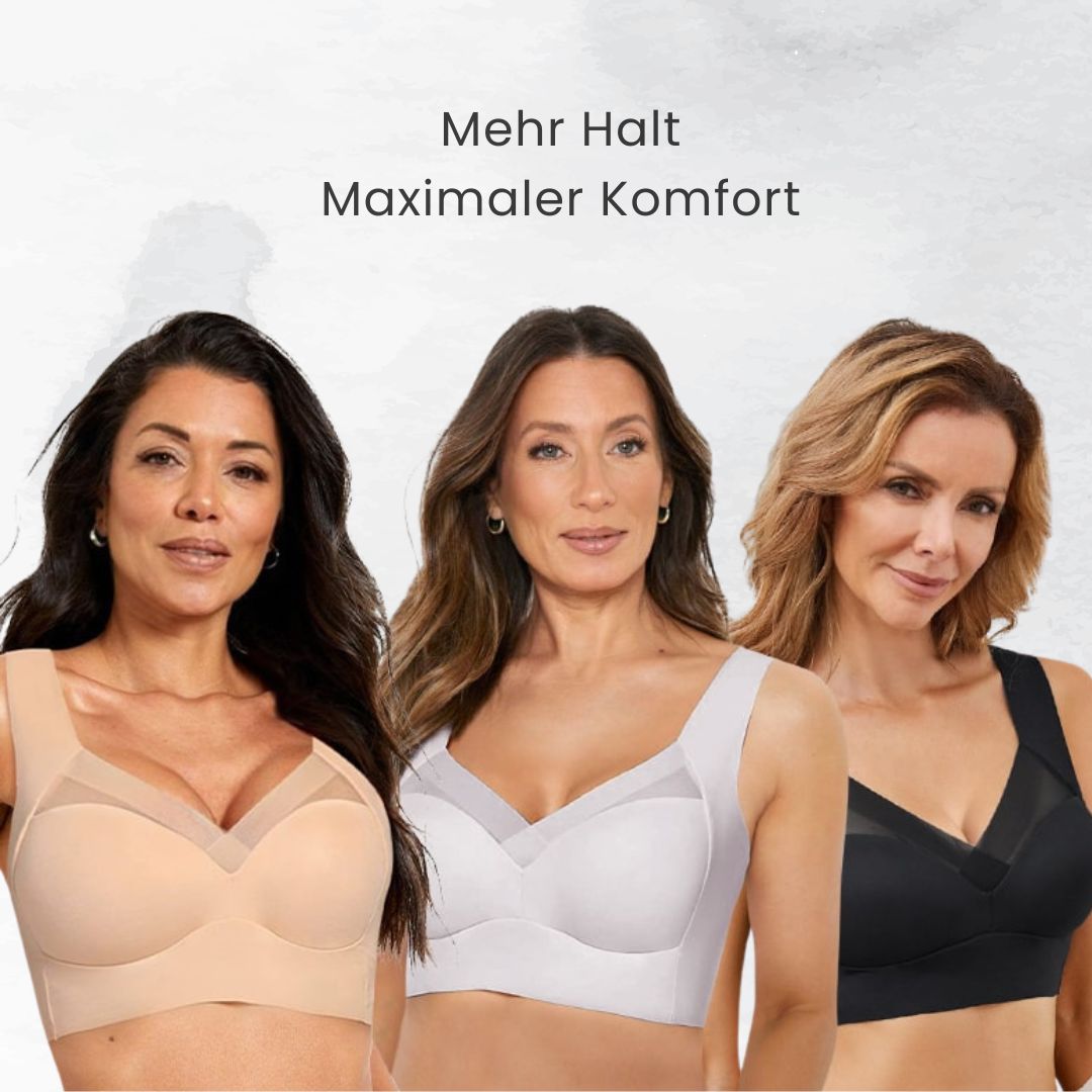"Nahtloser bügelloser Komfort-BH in Nude, atmungsaktiv für bessere Haltung, seitliche Ansicht auf weißem Hintergrund."