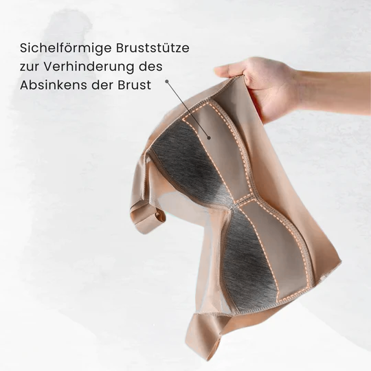 "Nahtloser bügelloser Komfort-BH in Nude, atmungsaktiv für bessere Haltung, seitliche Ansicht auf weißem Hintergrund."