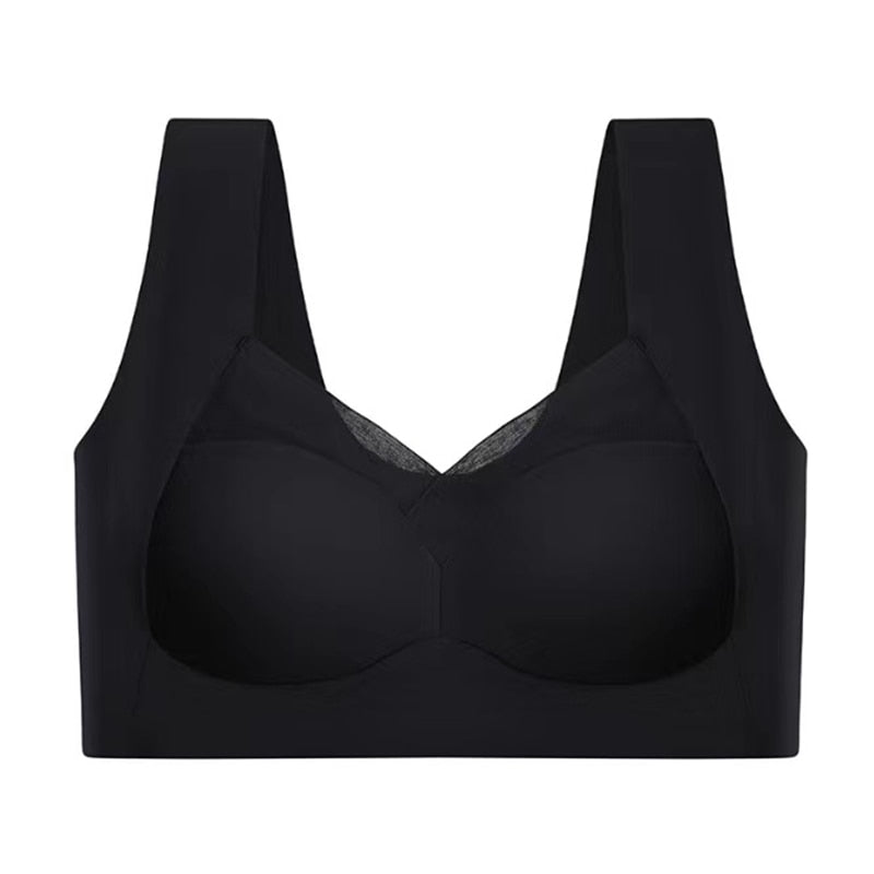 "Nahtloser Damen-Sport-BH, Schwarz, komfortabel, unterstützend, atmungsaktiv, perfekt für Sport und Alltag, Vorderansicht"