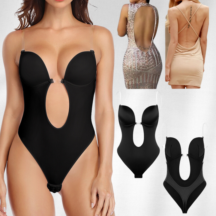 Nahtloser Shapewear BH für Damen, rückenfrei, in Schwarz; ideal für tiefe Ausschnitte, betont Kurven, hoher Komfort.