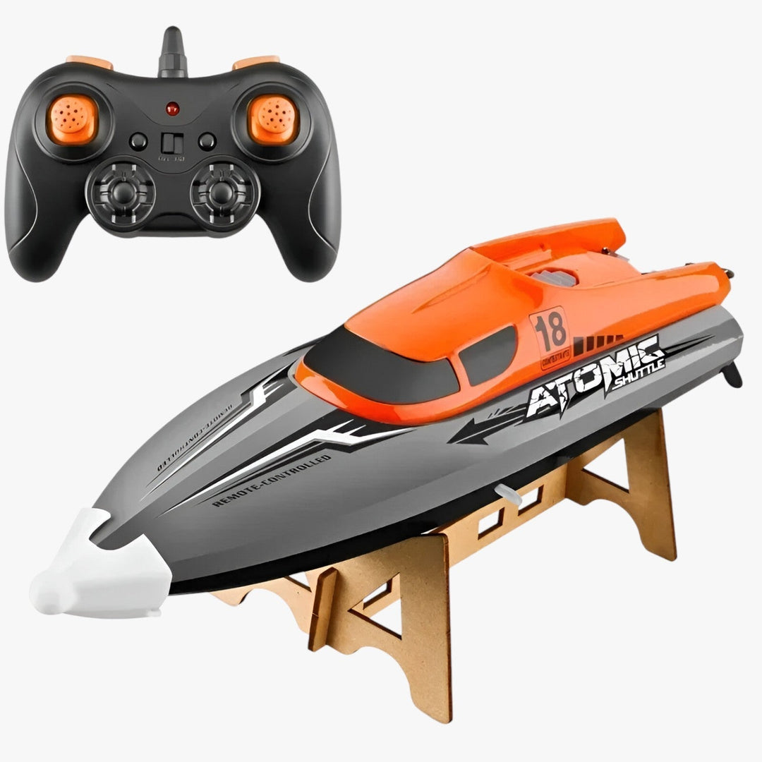 "Orange RC-Speedboot AquaX mit Wasserkühlung, Auto-Reset und 2.4G-Fernsteuerung auf blauem Hintergrund"