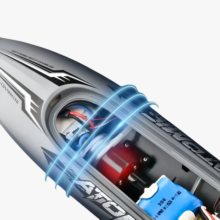 "Orange RC-Speedboot AquaX mit Wasserkühlung, Auto-Reset und 2.4G-Fernsteuerung auf blauem Hintergrund"