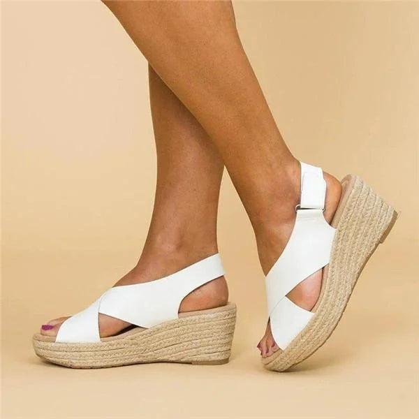 Orthopädische Damensandalen mit Keilabsatz, elegantem Design und in Beige, Schwarz, Weiß für Komfort und Stil im Sommer.