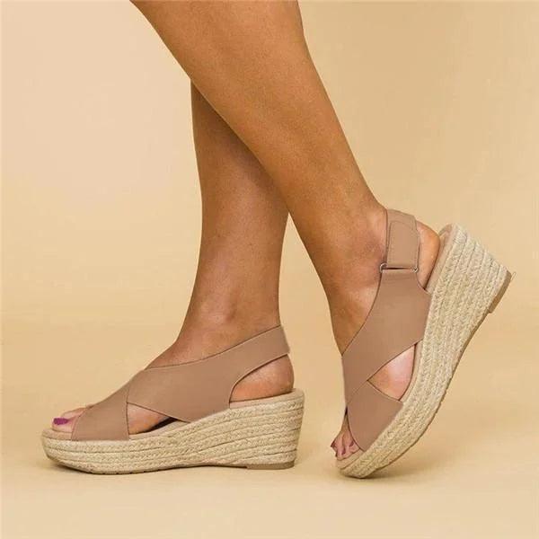 Orthopädische Damensandalen mit Keilabsatz, elegantem Design und in Beige, Schwarz, Weiß für Komfort und Stil im Sommer.