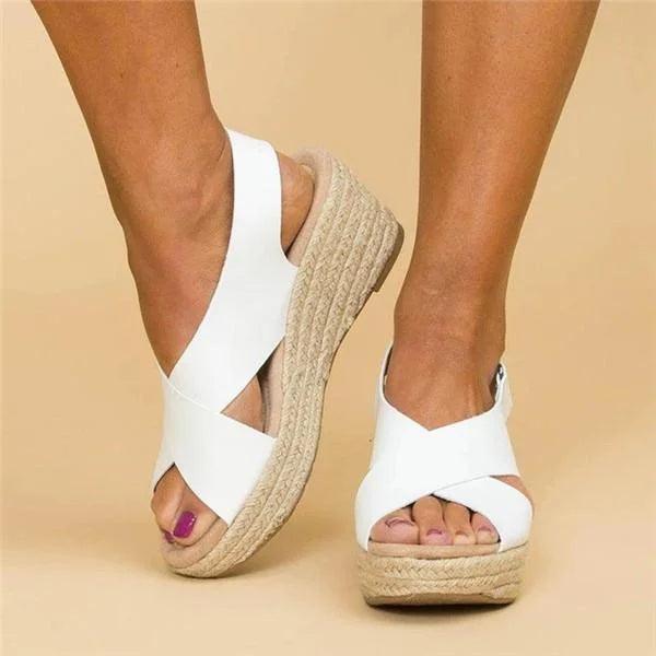 Orthopädische Damensandalen mit Keilabsatz, elegantem Design und in Beige, Schwarz, Weiß für Komfort und Stil im Sommer.