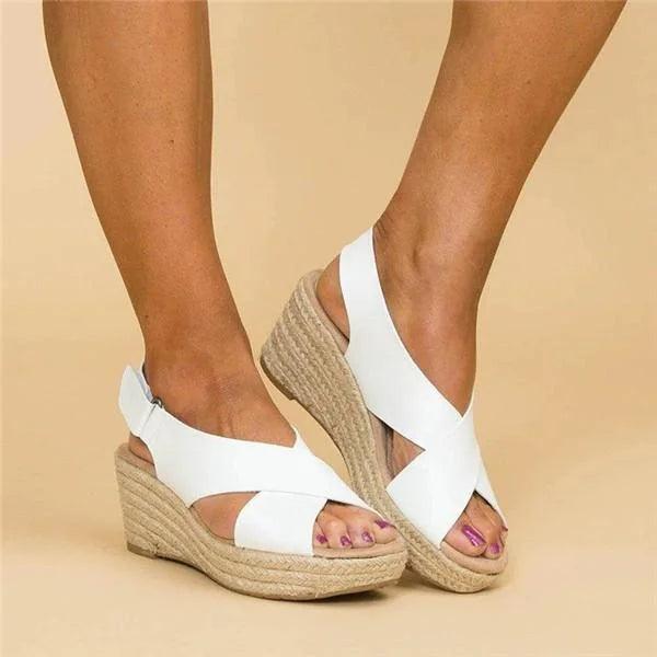 Orthopädische Damensandalen mit Keilabsatz, elegantem Design und in Beige, Schwarz, Weiß für Komfort und Stil im Sommer.