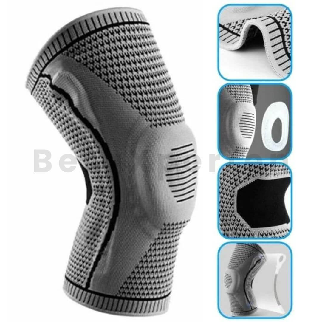 "Orthopädische Kompressions-Kniestütze; schwarz mit blauem Design, bietet Gelenkunterstützung und Entlastung bei Kniebeschwer